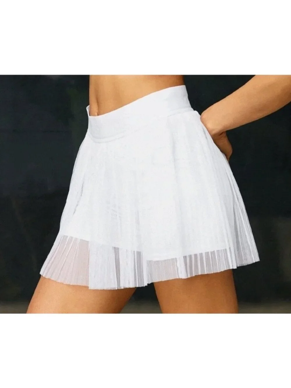 Alo Mesh Flirty Tennis Skirt White Sheer Transparent See-Through Pleated Skort